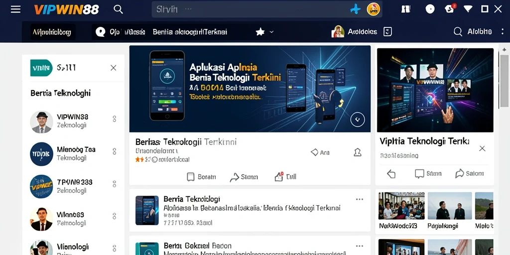 Tampilan antarmuka aplikasi VIPWIN88 dengan fitur berita dan analisis teknologi.